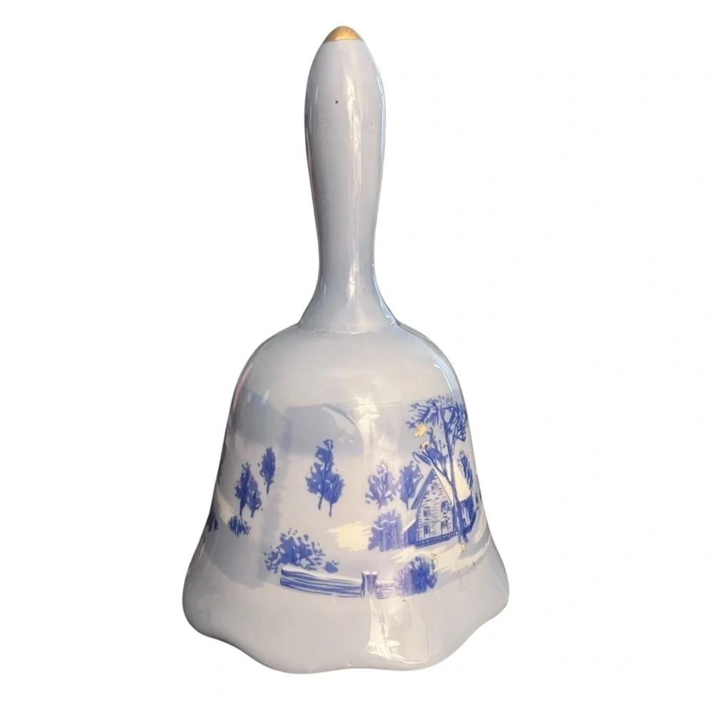 CURRIER & IVES Blue White Vintage Porcelain Bell The Old Homestead In Winter 5.5